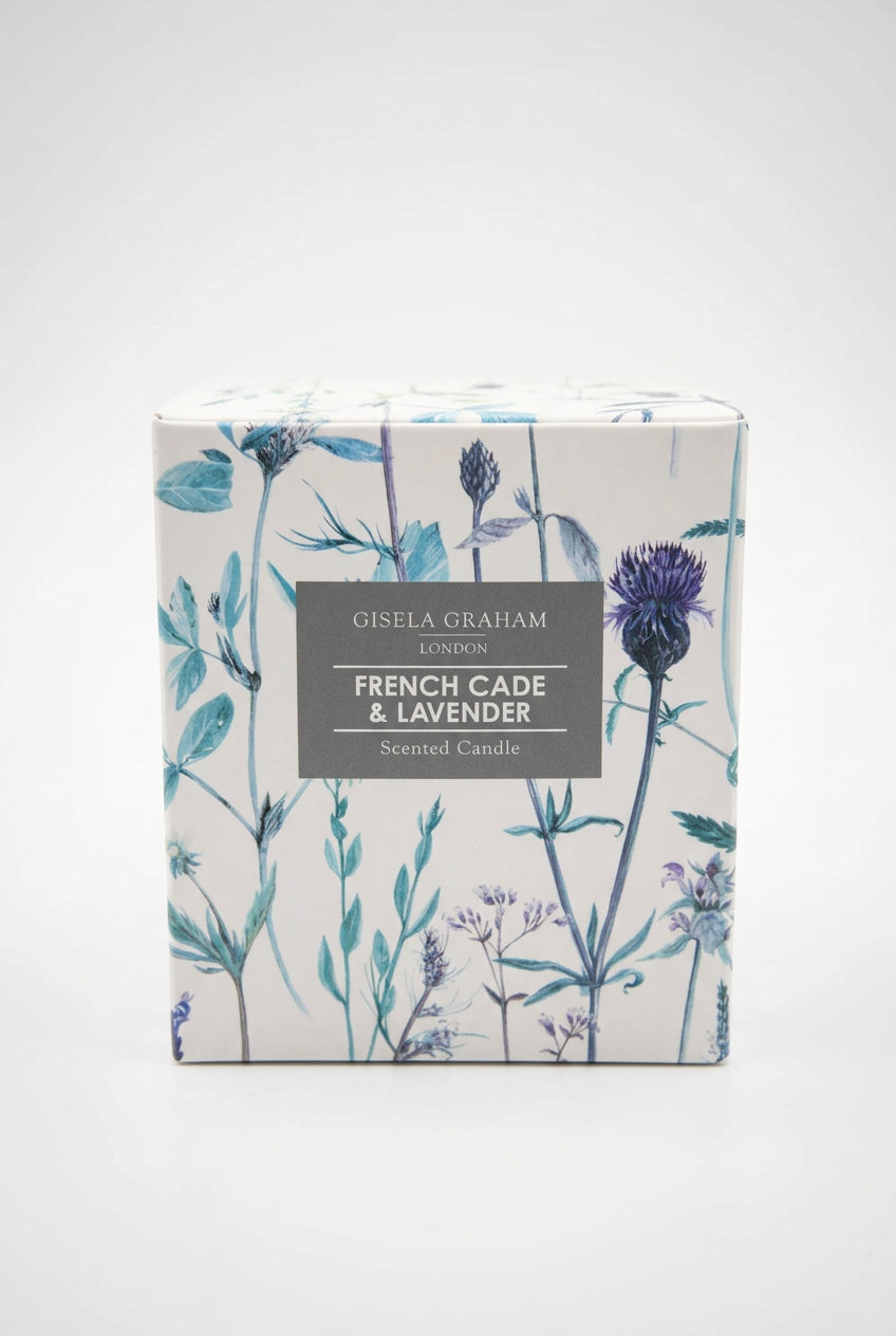 A square Gisela Graham French Cade and Lavender Candle box decorated with blue and purple botanical illustrations, featuring a central label.