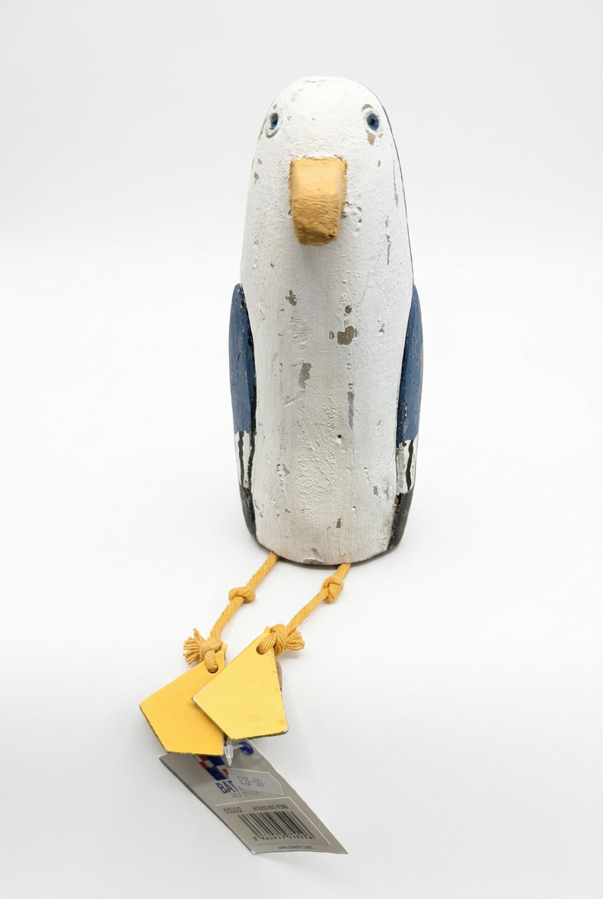 Large Batela wooden seagull ornament with aged finish and dangling rope legs.