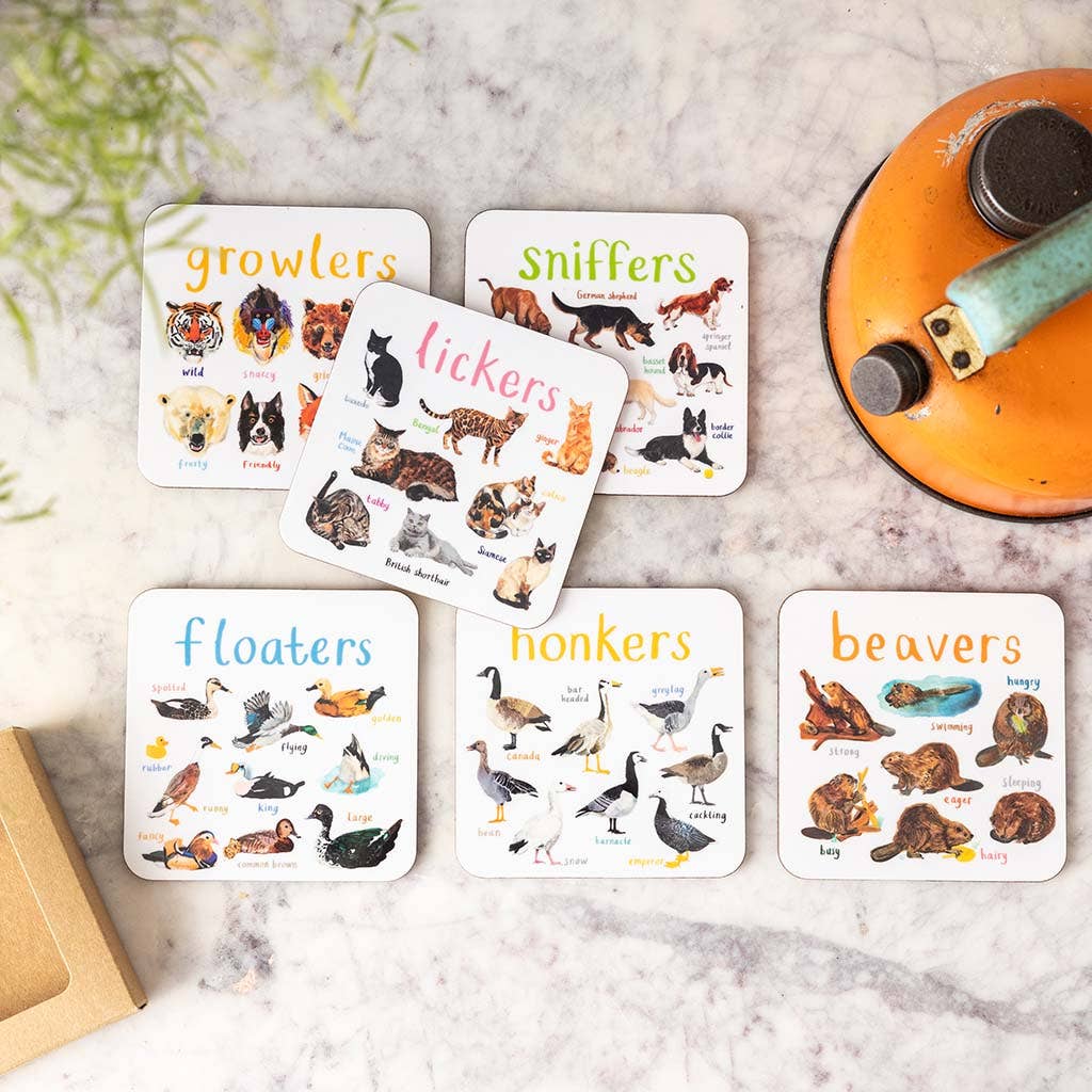 Sarah Edmonds Set of 6 Wild Pun Coasters – illustrated design
