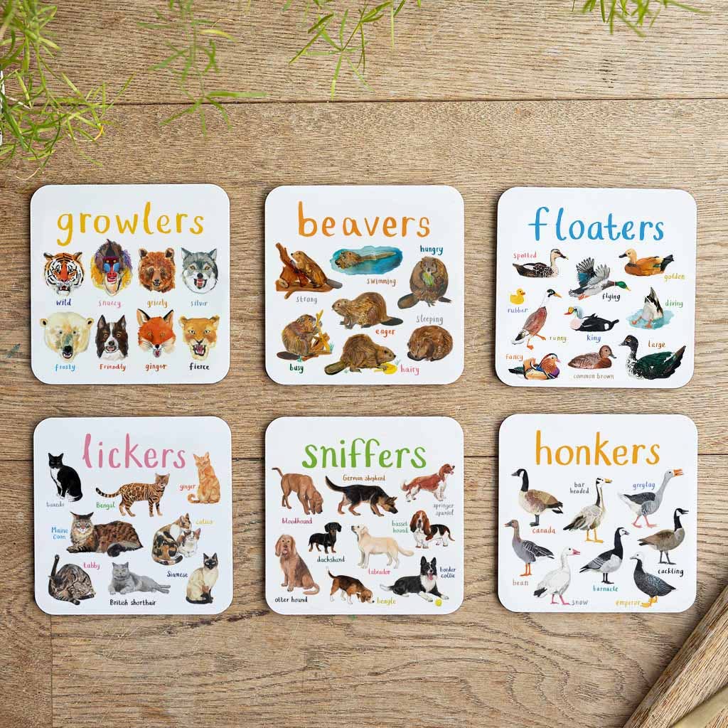 Sarah Edmonds Set of 6 Wild Pun Coasters – illustrated design