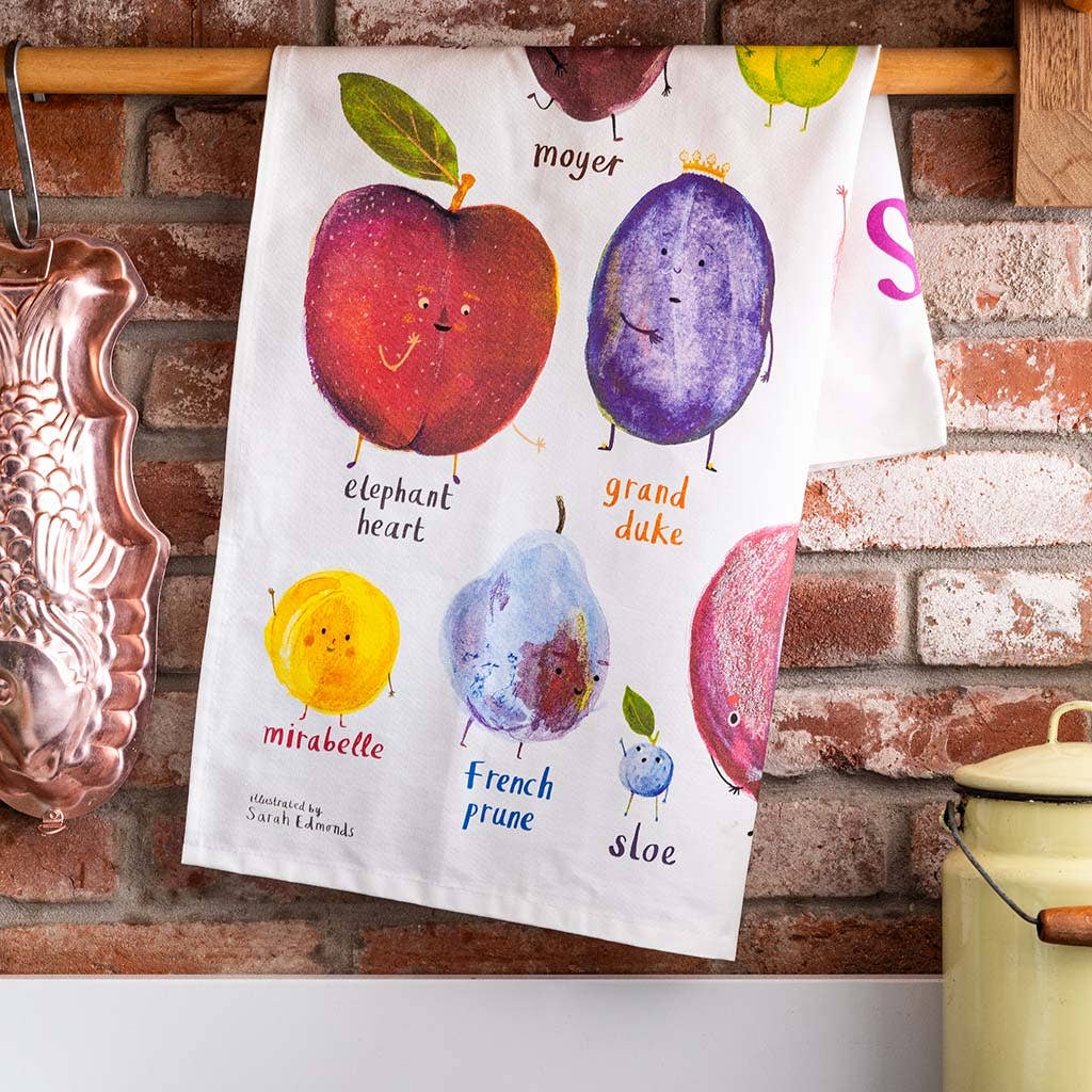 Sarah Edmonds Plums Cotton Tea Towel – illustrated design