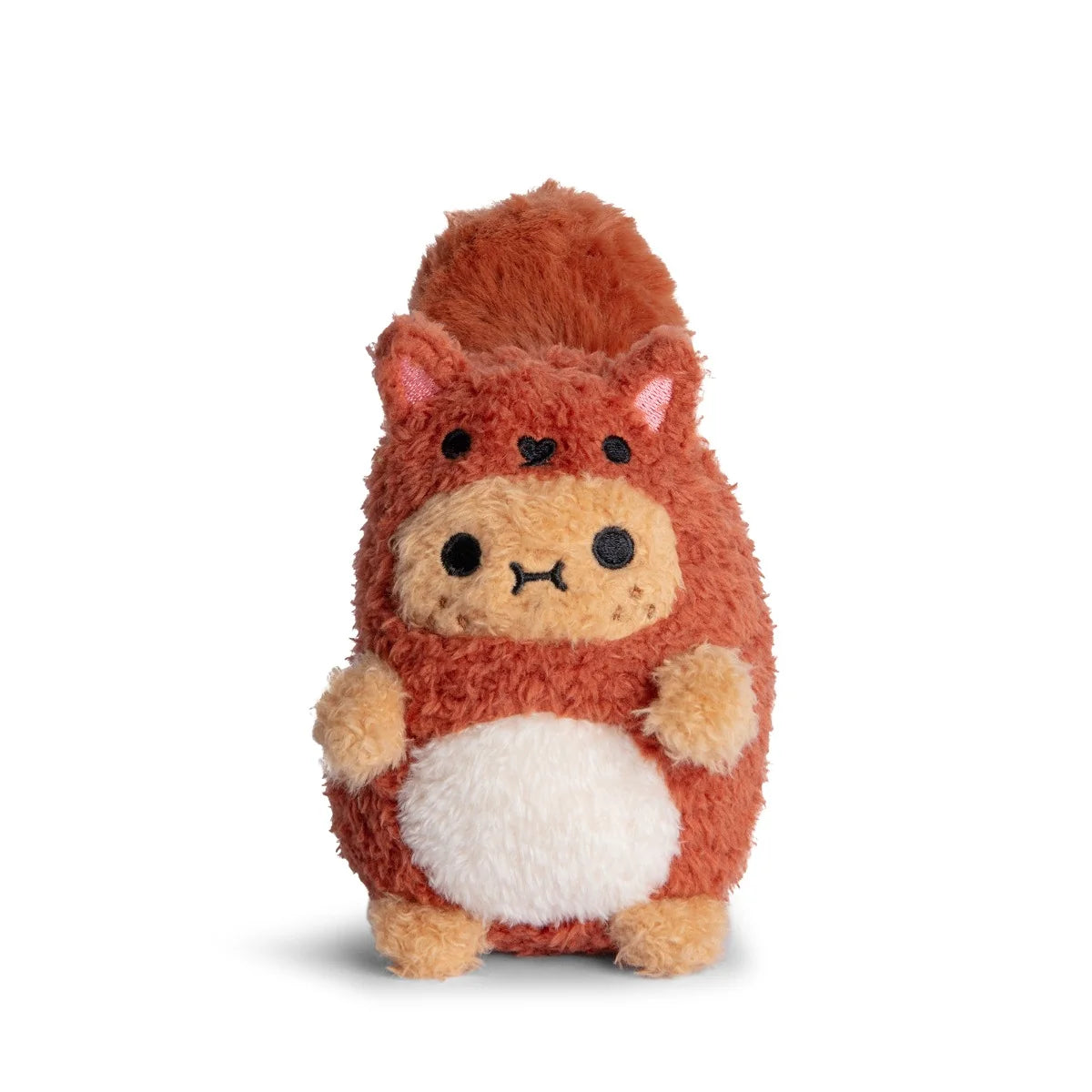 The Noodoll Ricespud Red Squirrel plush is a cuddly, chubby woodland character with a fluffy tail, round black eyes, small ears, and a white belly. Displayed upright against a plain white background, it beautifully showcases the signature charm of Noodoll designs.