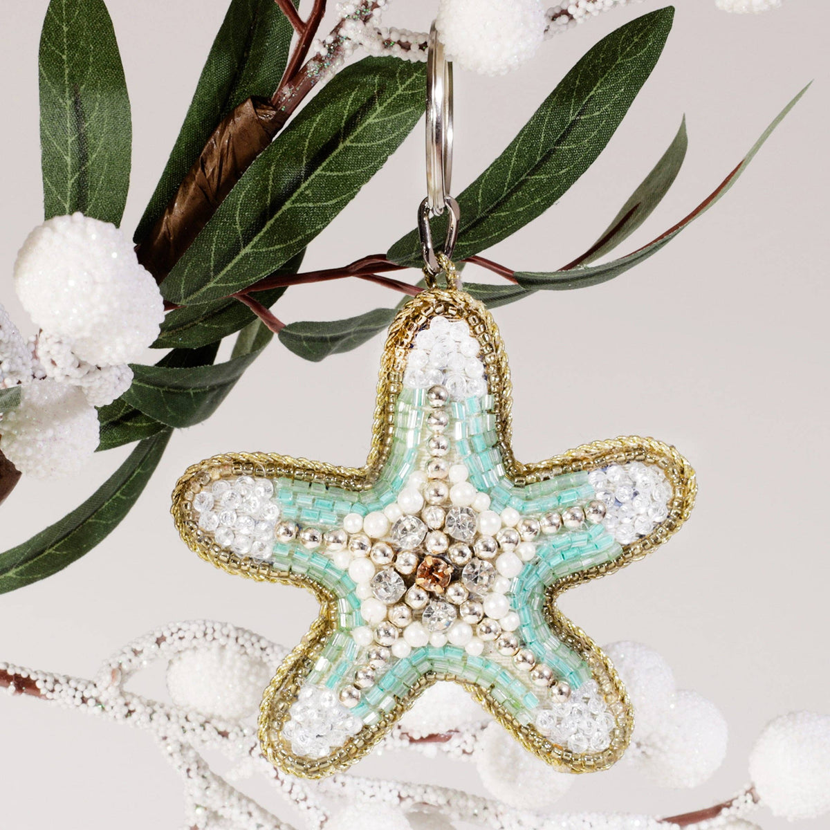 Aqua glass-beaded starfish keyring by Cream Cornwall – product image 5