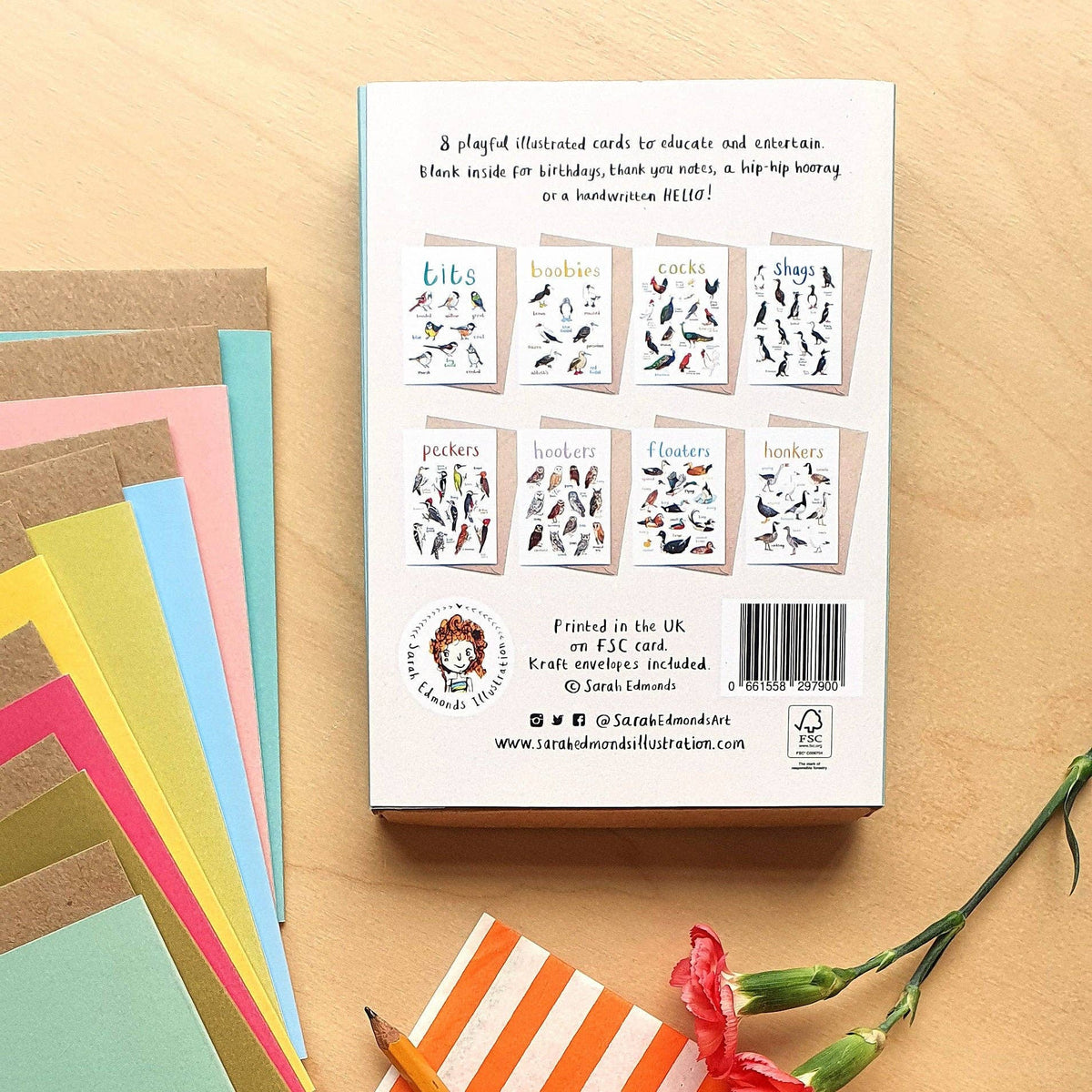 Sarah Edmonds Boxed Set of 8 Bird Pun Cards – illustrated design