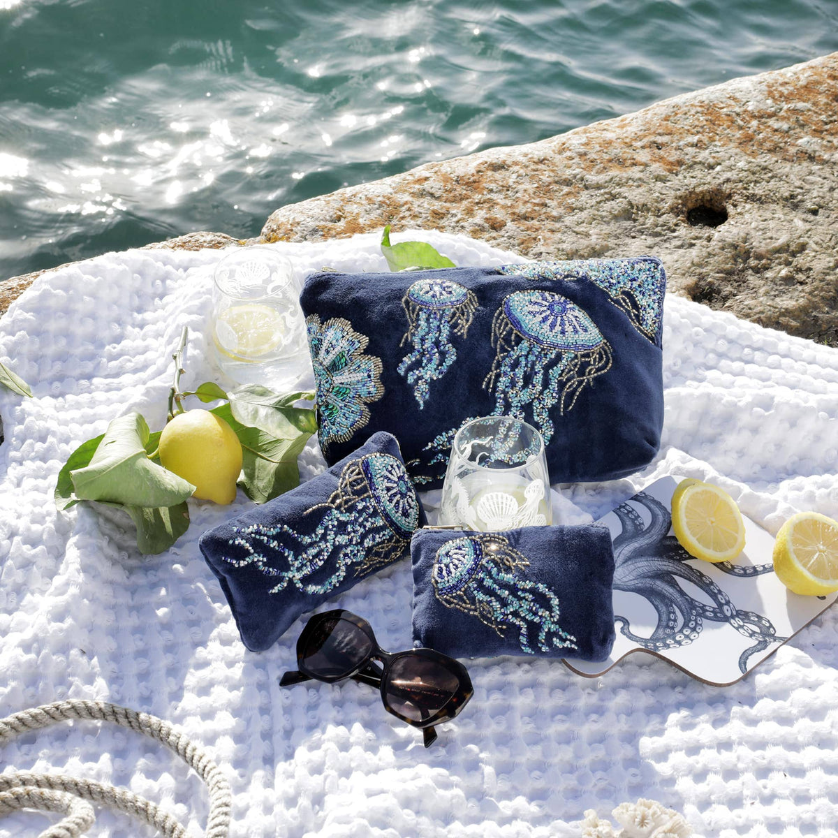 Navy velvet pouch bag with beaded jellyfish by Cream Cornwall – product image 2