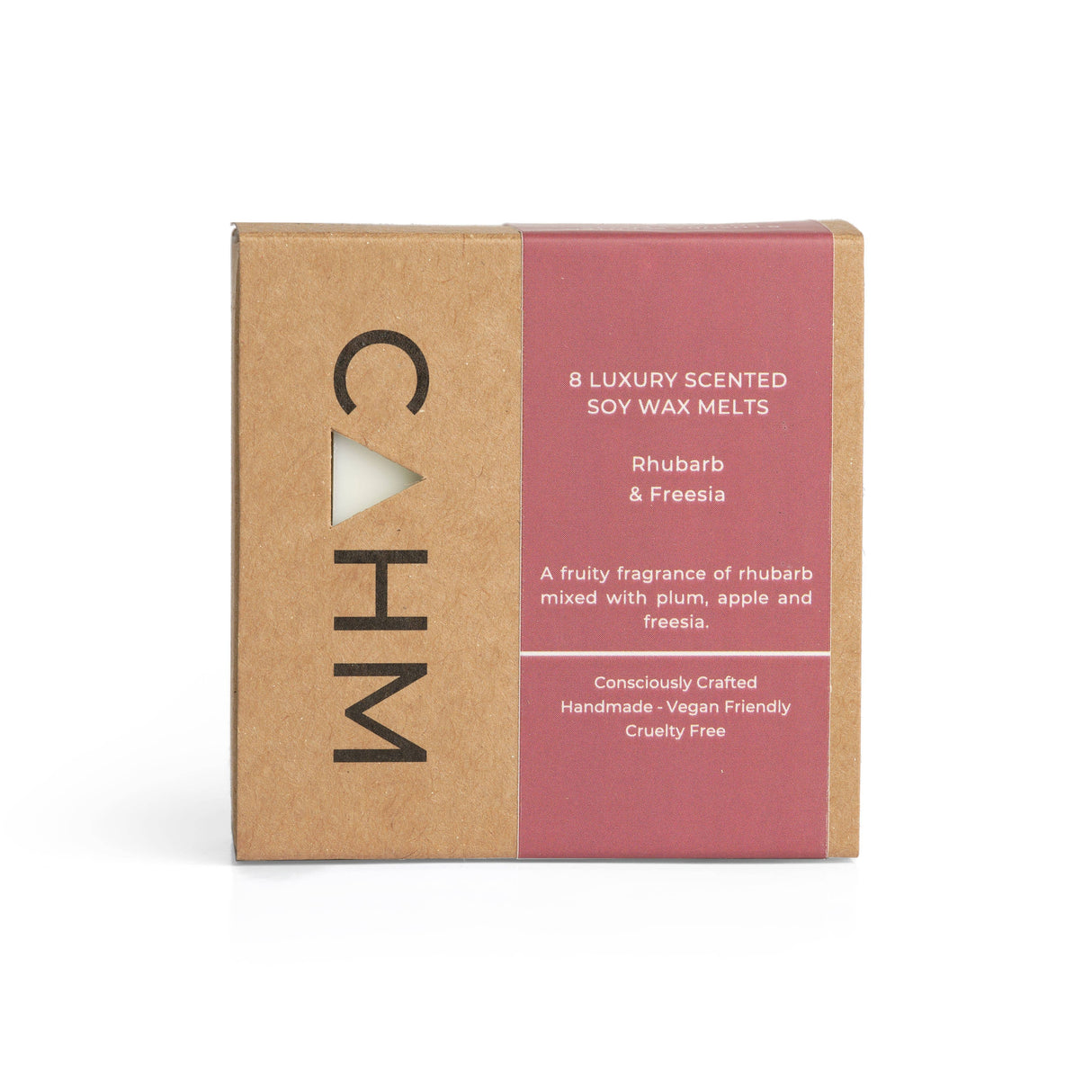 The Rhubarb & Freesia Soy Wax Melt Gift Box, a square brown and red "CAHM" package, holds 8 handcrafted soy wax melts. It offers a long-lasting rhubarb and freesia scent with plum and apple notes. The box is handmade, vegan-friendly, and cruelty-free.