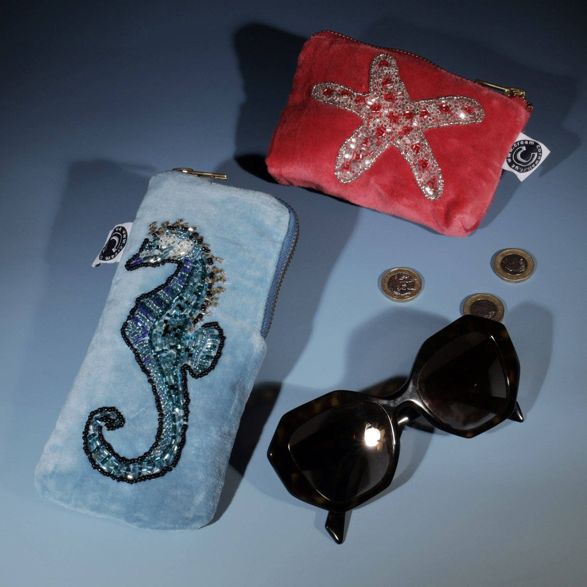 Cornflower velvet glasses case with seahorse by Cream Cornwall – product image 2