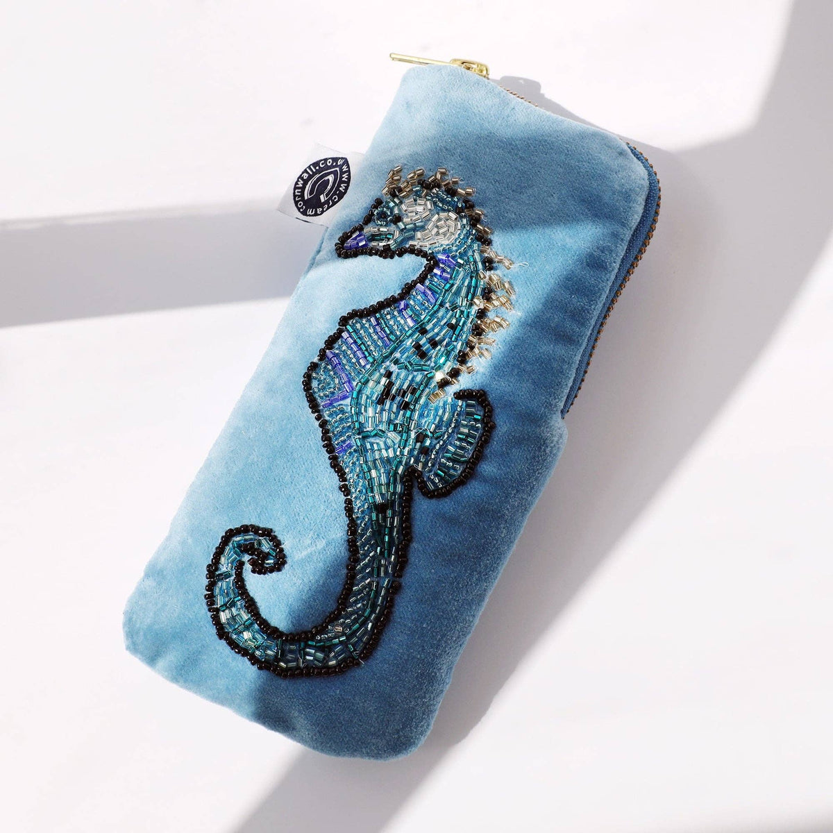 Cornflower velvet glasses case with seahorse by Cream Cornwall