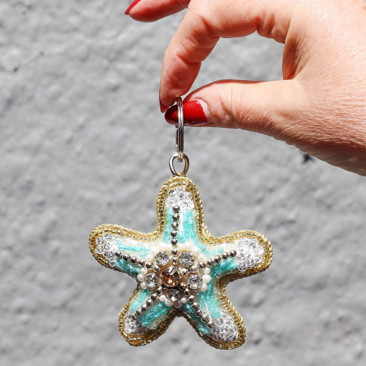 Aqua glass-beaded starfish keyring by Cream Cornwall – product image 4
