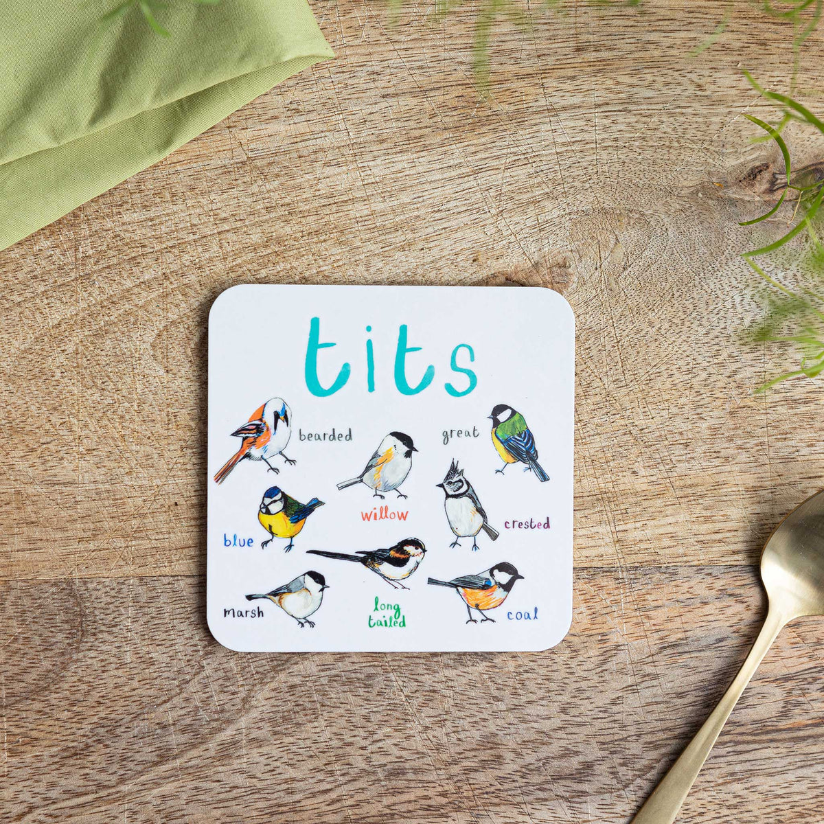 Sarah Edmonds Tits Bird Coaster – illustrated design