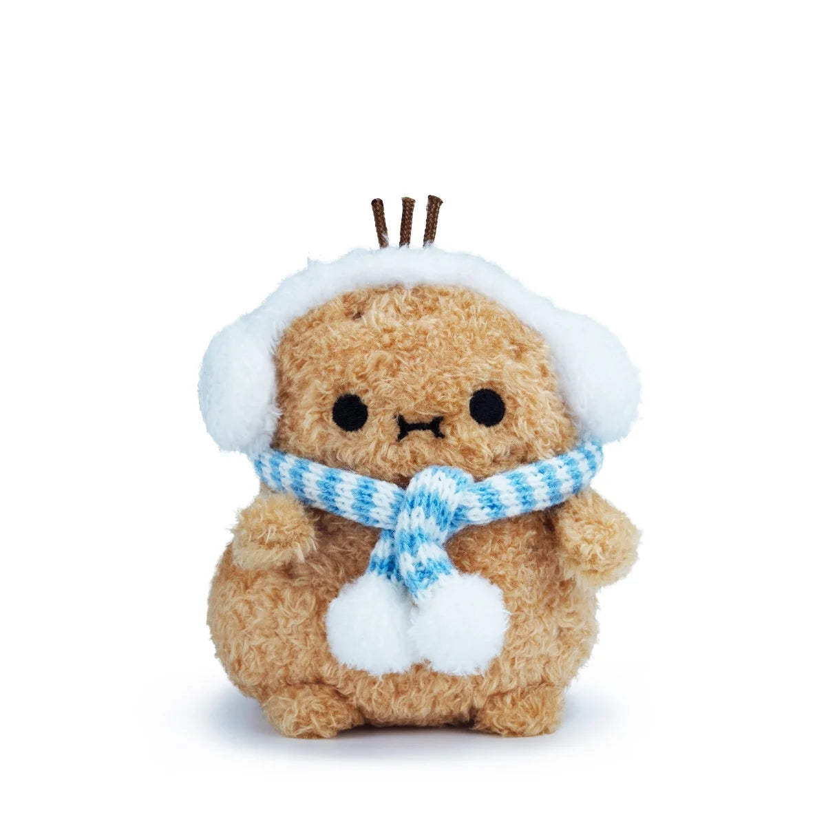 The Noodoll Ricespud Frosty Blue Scarf plush toy, styled as an adorable brown animal, wears snug white winter earmuffs and a blue-and-white striped scarf adorned with pom-poms. The background is plain white.
