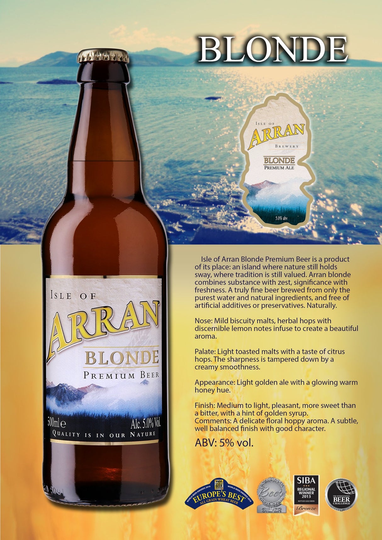 A promotional poster for Arran Blonde Beer, a pale golden ale with a 5% ABV, showcases its bottle and label against an island backdrop. Descriptive text highlights its taste, aroma, and appearance.