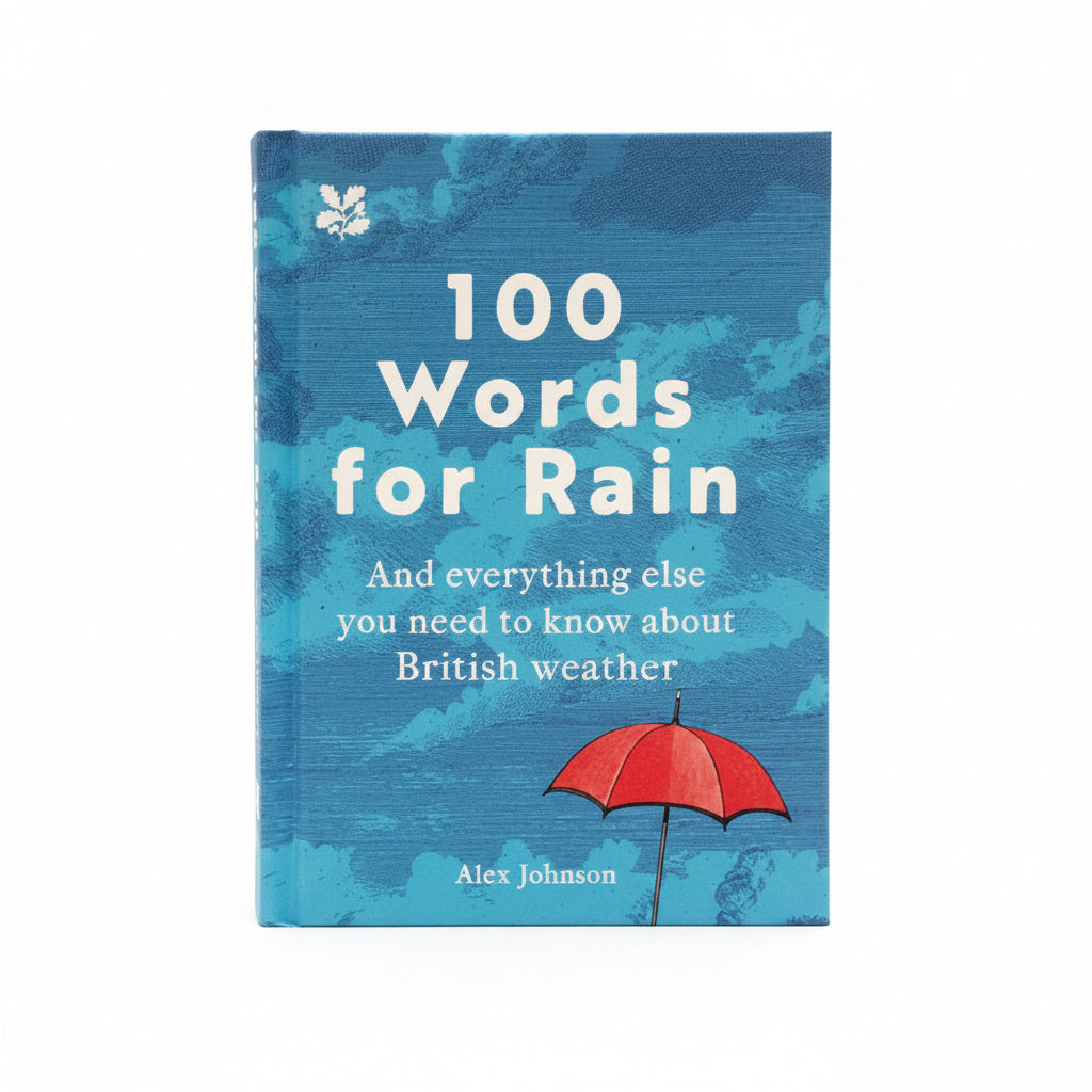 The blue book "100 Words for Rain" features a red umbrella, raindrops, and offers funny rain words plus surprising British weather facts—all displayed on a shelf.