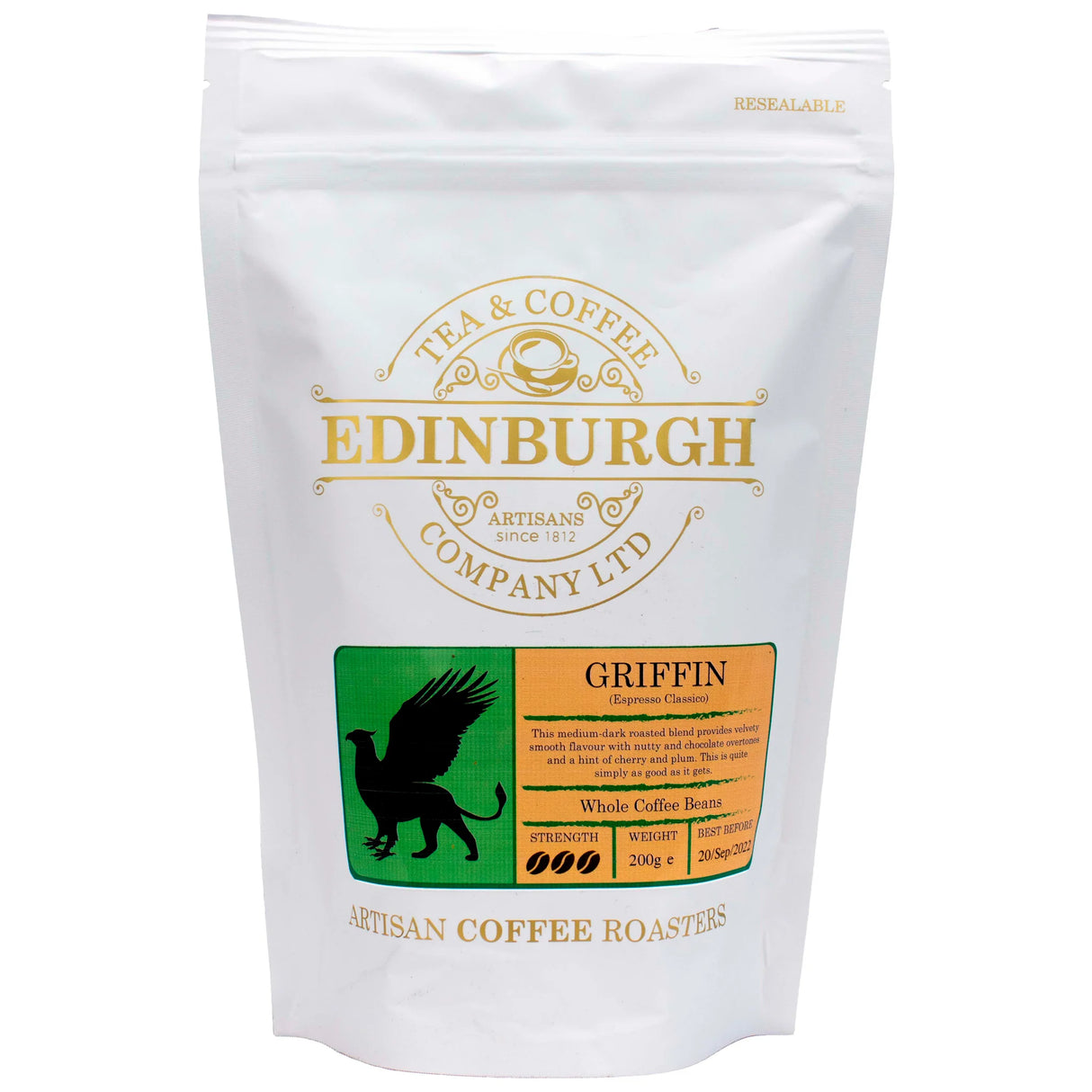 A 200g white resealable bag of Griffin Beans by Edinburgh Tea and Coffee Company, featuring a gold logo, green and orange label, and black griffin illustration. Contains freshly roasted whole espresso coffee beans.