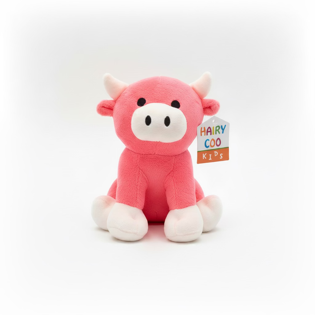 The Hairy Coo Kids Plush Toy is a pink plush cow with white horns, feet, and snout, black eyes, and a colorful "Hairy Coo Kids" tag. It sits upright against a plain white background.