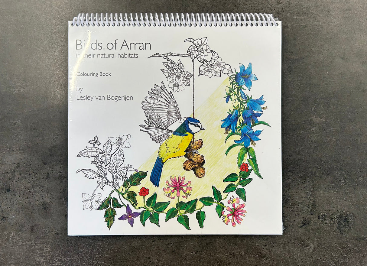 The Birds of Arran Colouring Book – Hardback by Lesley Van Bogerijen features vibrant Isle of Arran birds and flowers, perfect for nature lovers and colouring enthusiasts.