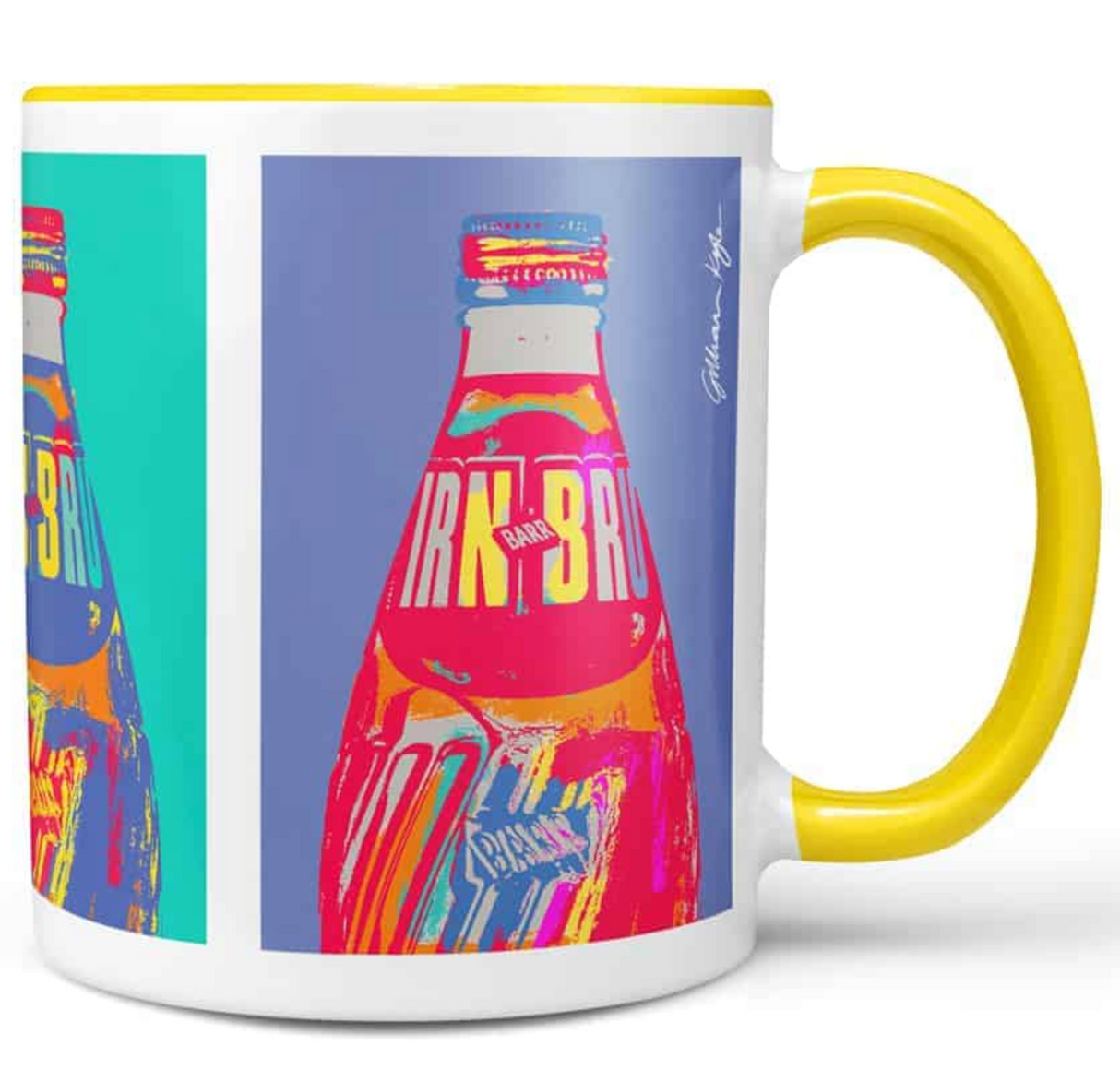 The IRN-BRU POP Art Chunky Mug features a vibrant pop art illustration of an Irn-Bru glass bottle on a blue background with a yellow handle—an ideal Scottish culture gift.