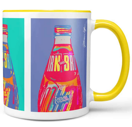 The IRN-BRU POP Art Chunky Mug features a vibrant pop art illustration of an Irn-Bru glass bottle on a blue background with a yellow handle—an ideal Scottish culture gift.