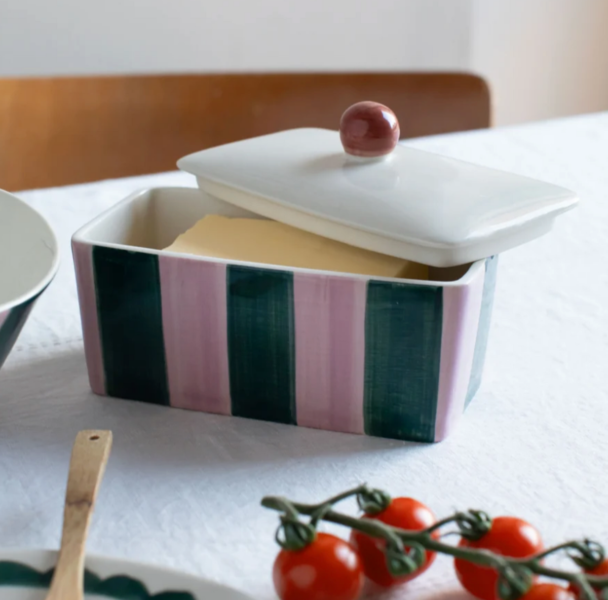 Caroline Gardner Pink and Dark Green Stripe Butter Dish product photograph
