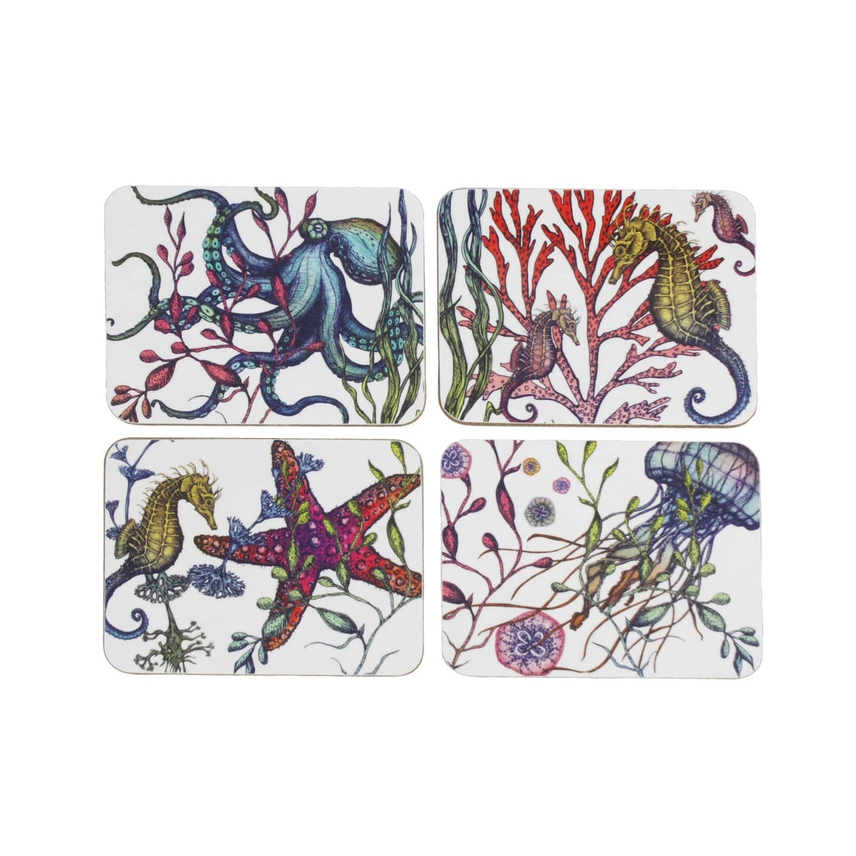 Set of four rectangular Reef Sea Creature Coasters featuring watercolor-style illustrations of an octopus, seahorses, a starfish, and a jellyfish among coral and seaweed.