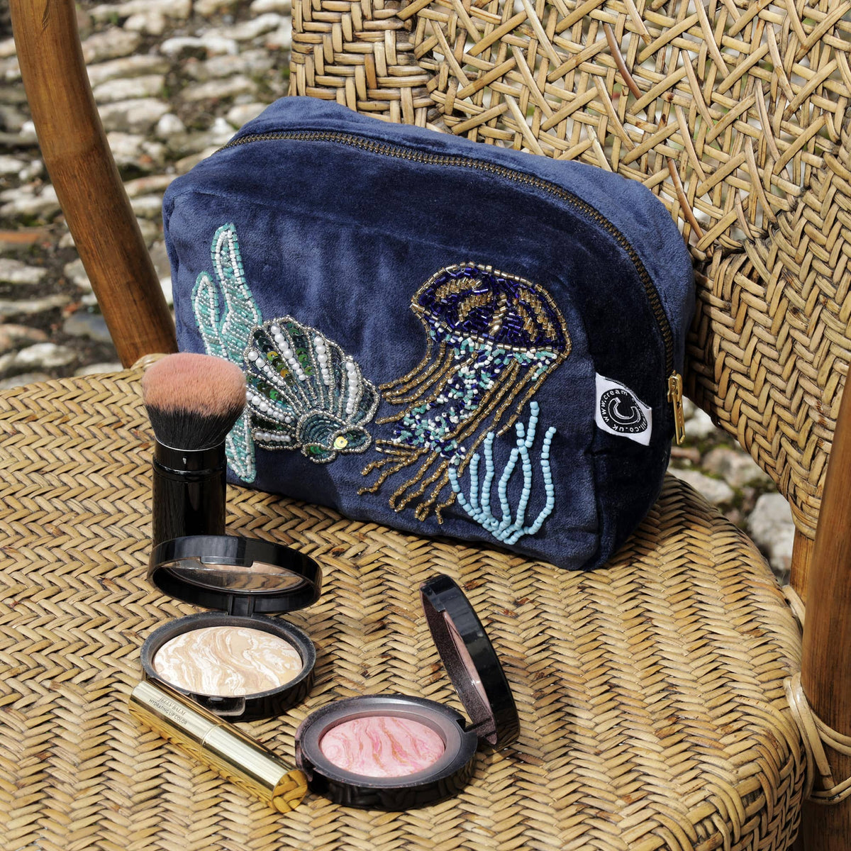 Navy velvet cosmetic bag with beaded jellyfish by Cream Cornwall – product image 2