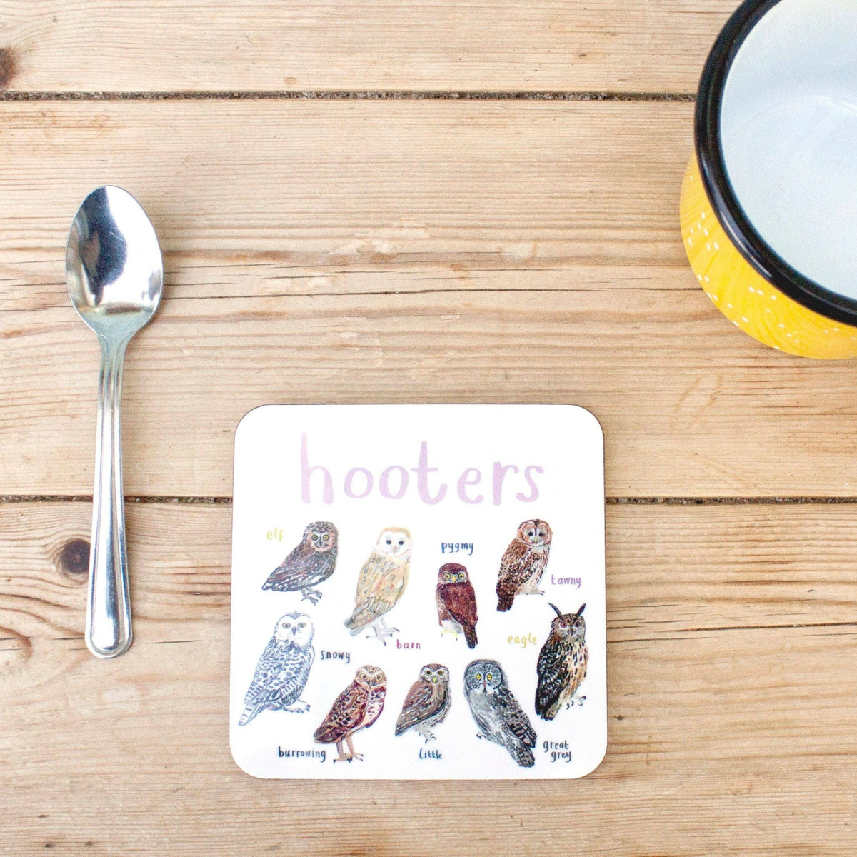 Sarah Edmonds Hooters Bird Coaster – illustrated design