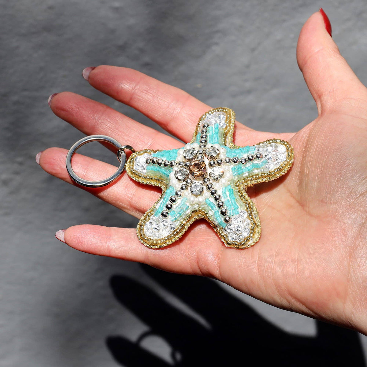 Aqua glass-beaded starfish keyring by Cream Cornwall – product image 3
