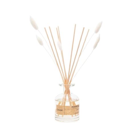 The Atacama Reed Diffuser White comes in a clear glass bottle with a brown label, featuring sustainably sourced reeds and white-tipped sticks to spread its citrus and wood fragrance, elegantly showcased against a plain white background.