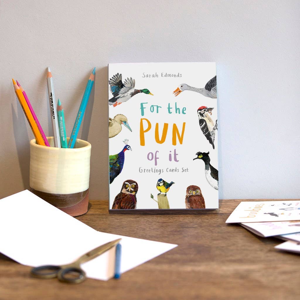 Sarah Edmonds Boxed Set of 8 Bird Pun Cards – illustrated design