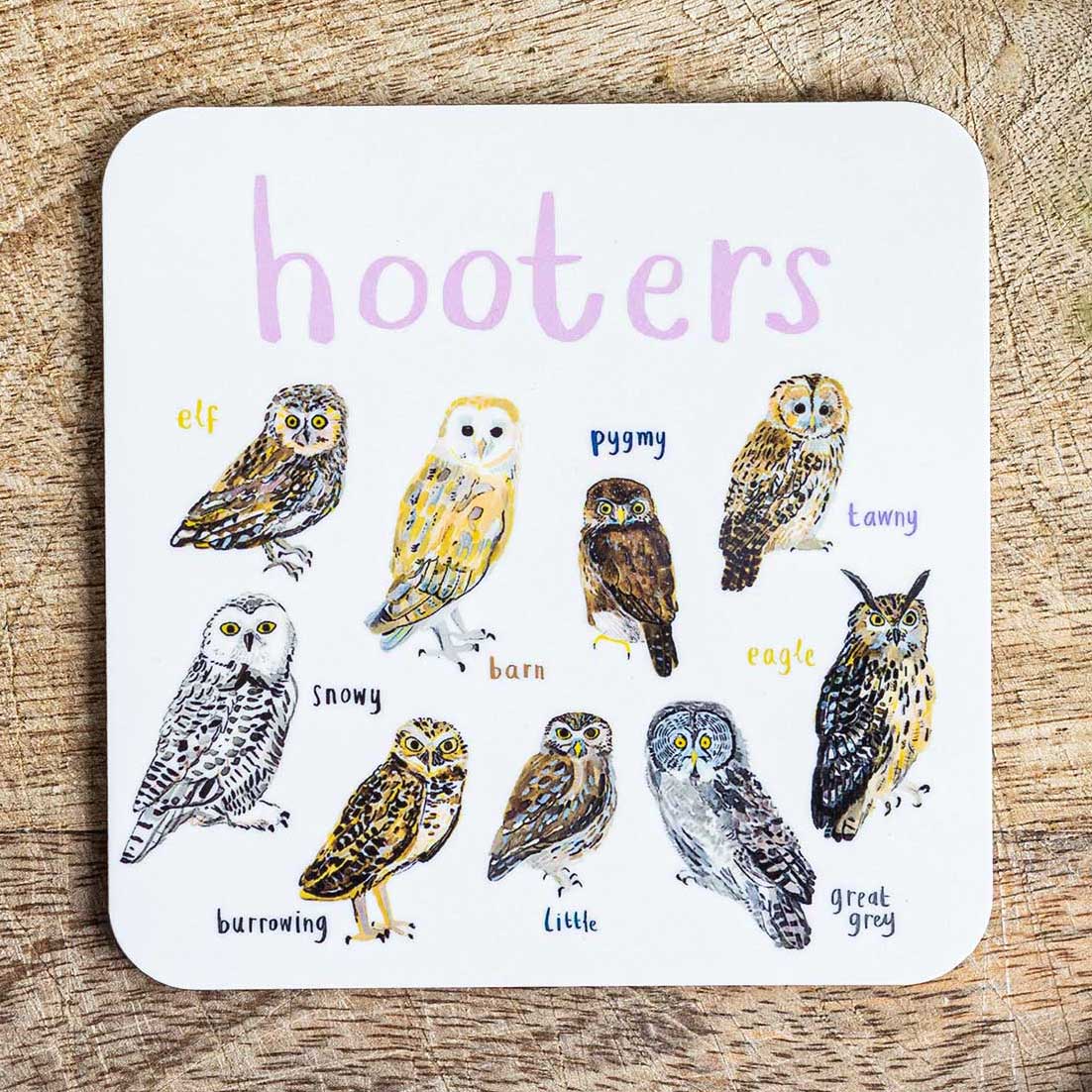 Sarah Edmonds Hooters Bird Coaster – illustrated design