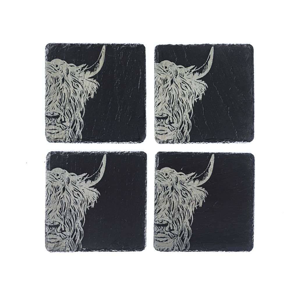 4 Slate Coasters - Highland Cow