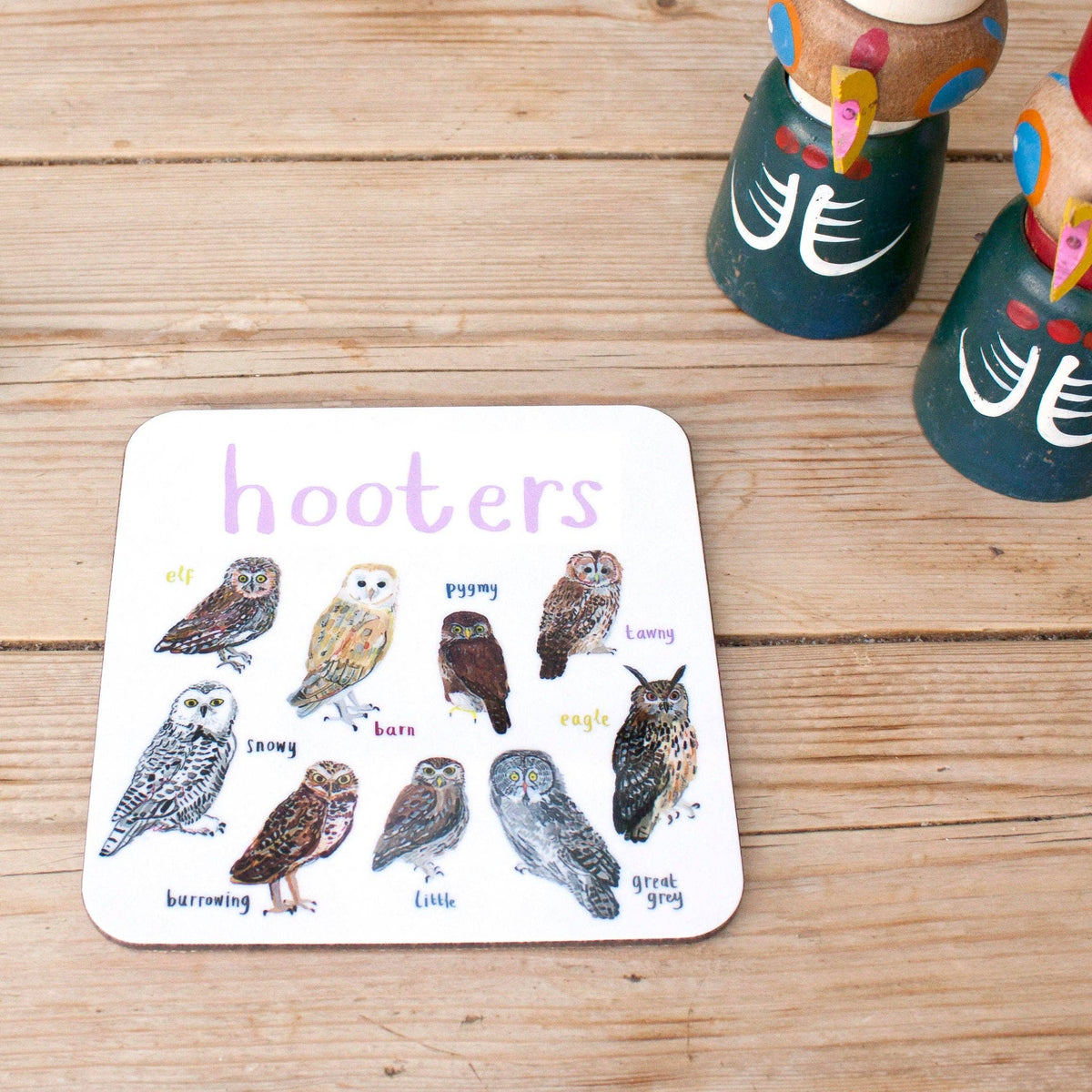 Sarah Edmonds Hooters Bird Coaster – illustrated design
