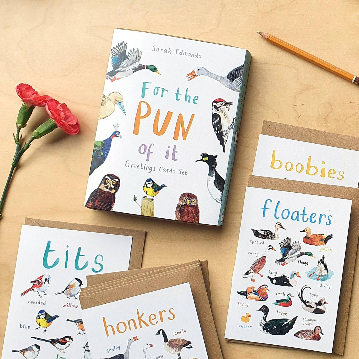Sarah Edmonds Boxed Set of 8 Bird Pun Cards – illustrated design