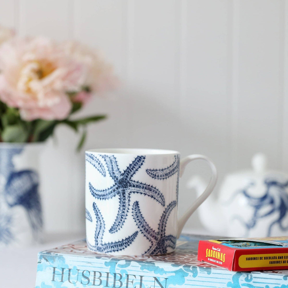 Navy starfish bone china mug, 375ml by Cream Cornwall – product image 5