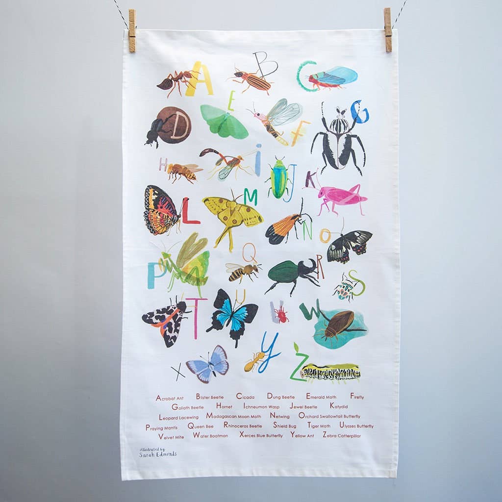 Sarah Edmonds Insect Alphabet Cotton Tea Towel – illustrated design