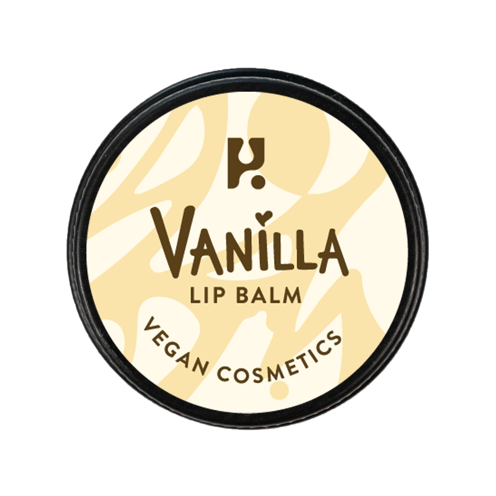 A round container of cruelty-free Lip Balm Vanilla with beige abstract patterns and bold brown text reading "Lip Balm Vanilla" and "Vegan Cosmetics" on the label.