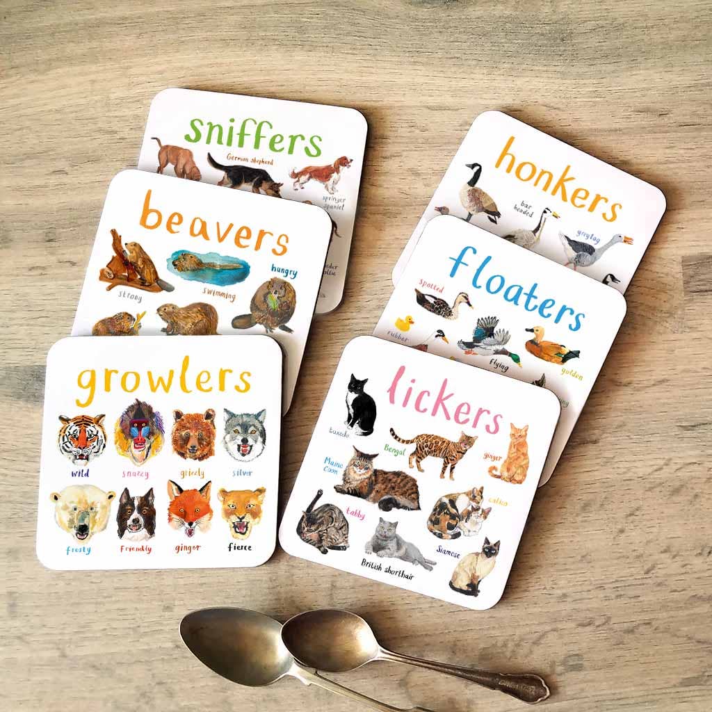 Sarah Edmonds Set of 6 Wild Pun Coasters – illustrated design