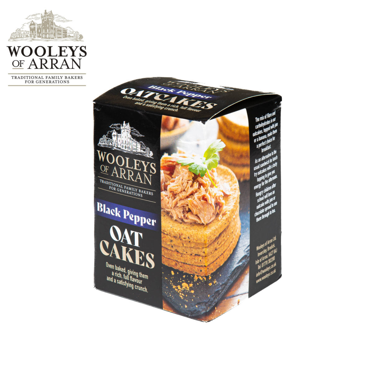 The image features a box of Wooleys of Arran Black Pepper Oatcakes, highlighting a stack of oatcakes adorned with a savory spread and garnish. The brand logo and information are clearly visible, offering the promise of a delightful peppery crunch in every bite.