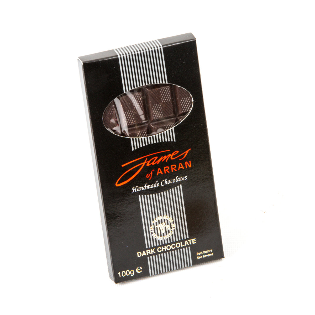 A rectangular black box of "James Chocolates Luxury bar of Plain Chocolate," specifically a 70% dark chocolate bar, features a small window revealing the rich chocolate inside. The box prominently showcases elegant white and red text with vertical stripes on the front and indicates a weight of 100g.