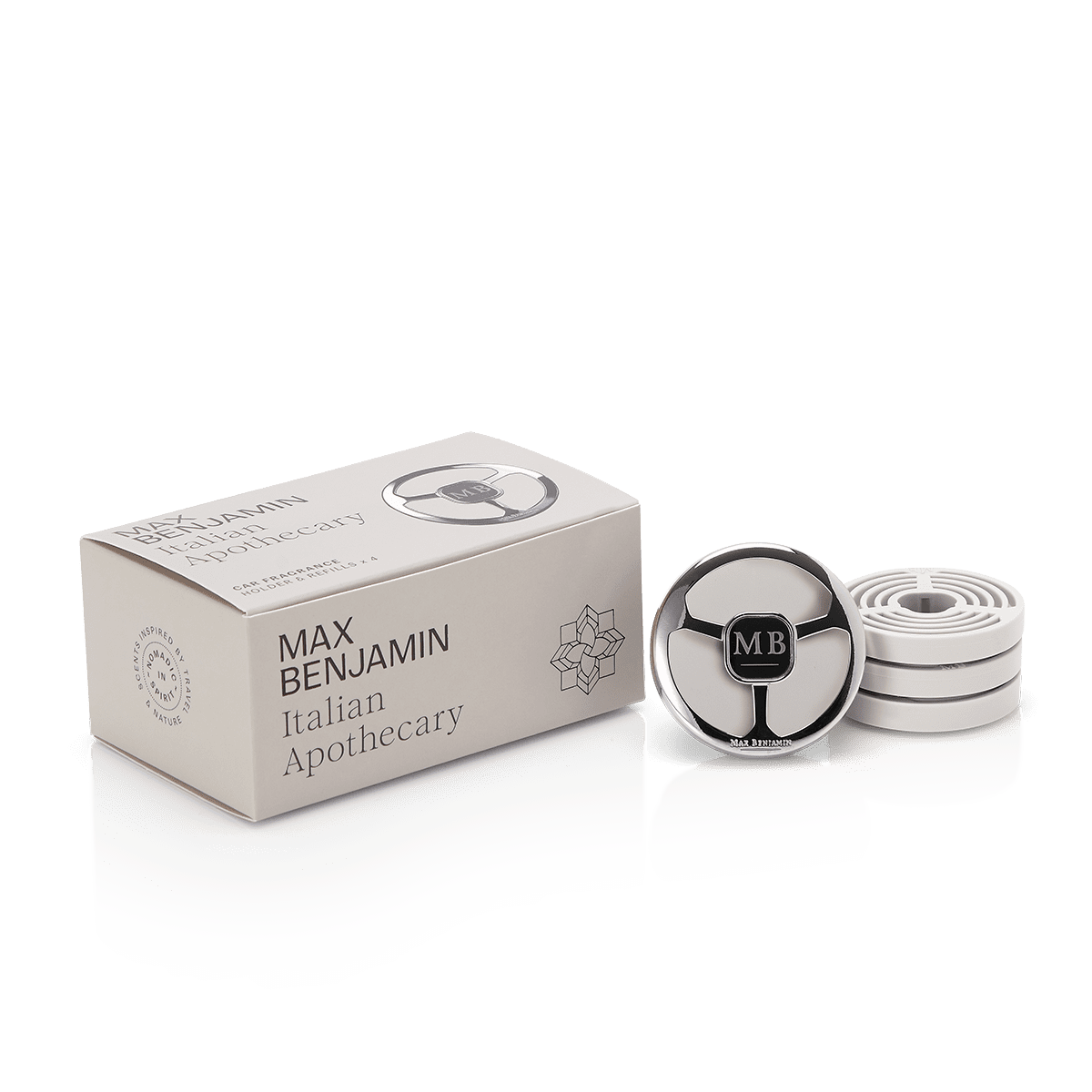 A Max Benjamin Italian Apothecary car air freshener set with a branded silver vent clip, three white scented pads, and a beige box featuring product branding and a floral design on a white background.