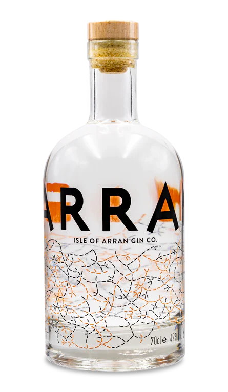 A clear glass bottle of Isle of Arran Gin with a cork stopper, black and orange abstract lines, and bold black lettering on the label. The bottle is 70cl and 42% ABV.