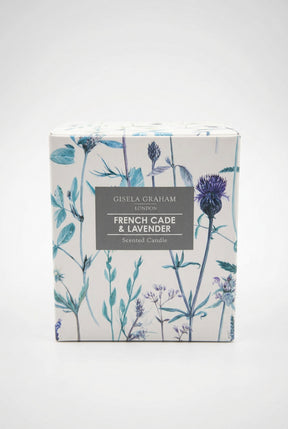 A square Gisela Graham French Cade and Lavender Candle box decorated with blue and purple botanical illustrations, featuring a central label.