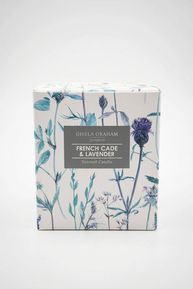 A square Gisela Graham French Cade and Lavender Candle box decorated with blue and purple botanical illustrations, featuring a central label.
