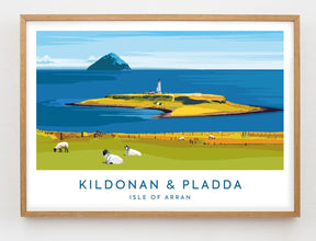 The Catriona Tod Kildonan and Pladda Bay Print features an illustration of Pladda Island lighthouse, blue sea, and grazing sheep near Kildonan on Arran, with the text "Kildonan & Pladda, Isle of Arran.