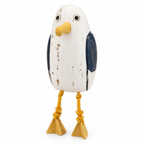 Small Batela wooden sitting seagull ornament with dangling rope legs.