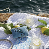 Cornflower blue velvet coin purse with seahorse by Cream Cornwall – product image 2