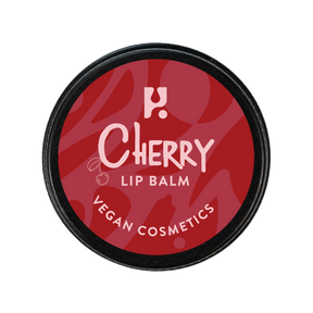 Lip Balm Cherry is a round container with a red label featuring the text "Cherry Lip Balm" and "Vegan Cosmetics," small cherry illustrations, and is ideal for anyone wanting a natural vegan lip balm.