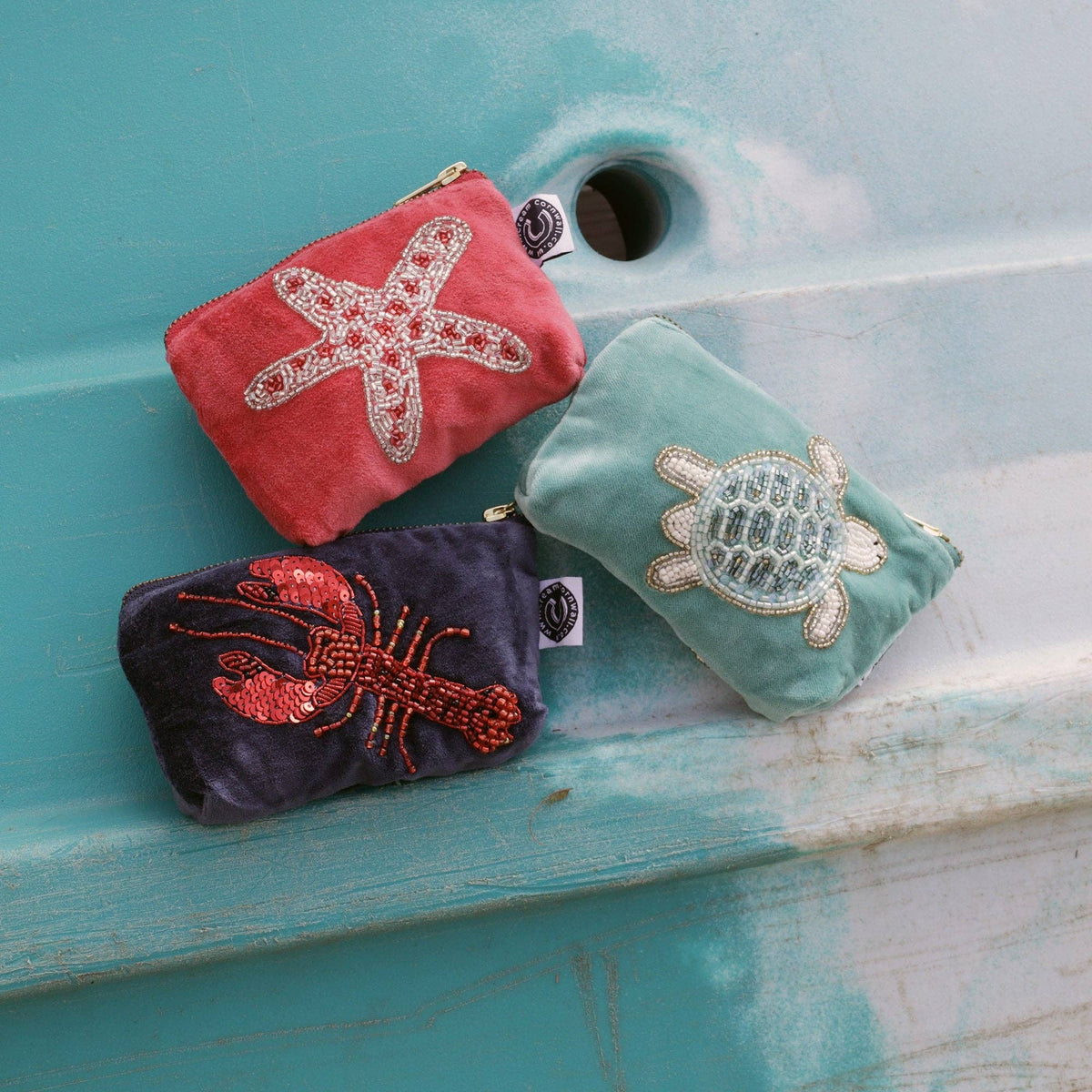 Turquoise velvet coin purse with beaded turtle by Cream Cornwall – product image 2