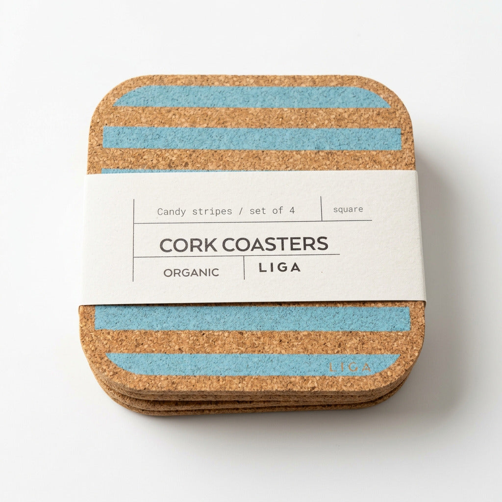 Set of 4 Blue Candy Stripe Cork Coasters, presented as a stack of four square coasters with blue horizontal stripes, wrapped in a paper band labeled “Cork Coasters.”