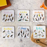 Sarah Edmonds Set of 6 Bird Pun Coasters – illustrated design